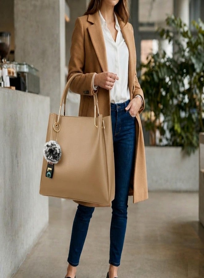 DANIEL CLARK PU Leather Tote Bag with Pom Pom Charm, Shoulder Handbag, Elegant Daily Use Purse for Office, Travel & Casual for Women & Girls (Cream) - Image 3