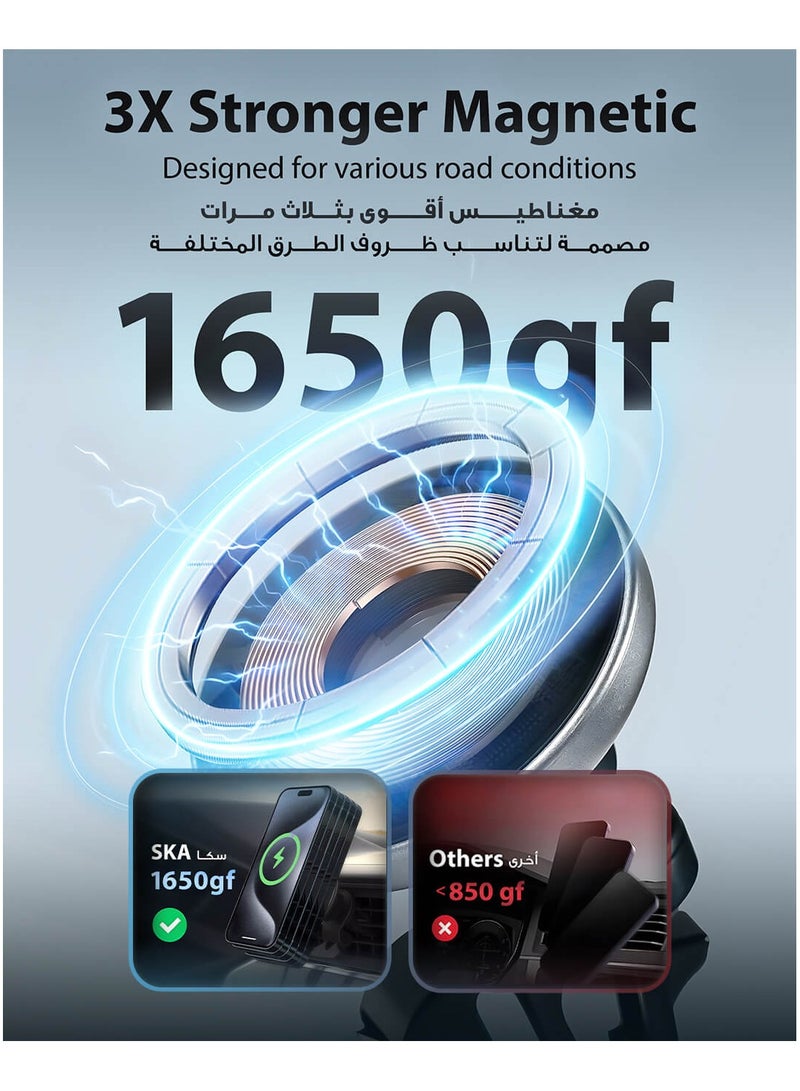 SKA 15W Magnetic Wireless Car Charger with Upgraded Air Vent Lock, Qi Fast Charging, MagSafe Compatible Car Phone Holder for iPhone 16/15/14/13 Series, Magnetic Mount for Stable & Secure Charging  - Image 3
