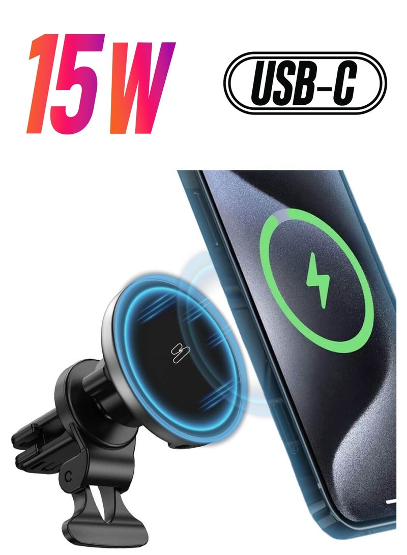 SKA 15W Magnetic Wireless Car Charger with Upgraded Air Vent Lock, Qi Fast Charging, MagSafe Compatible Car Phone Holder for iPhone 16/15/14/13 Series, Magnetic Mount for Stable & Secure Charging  - Image 1