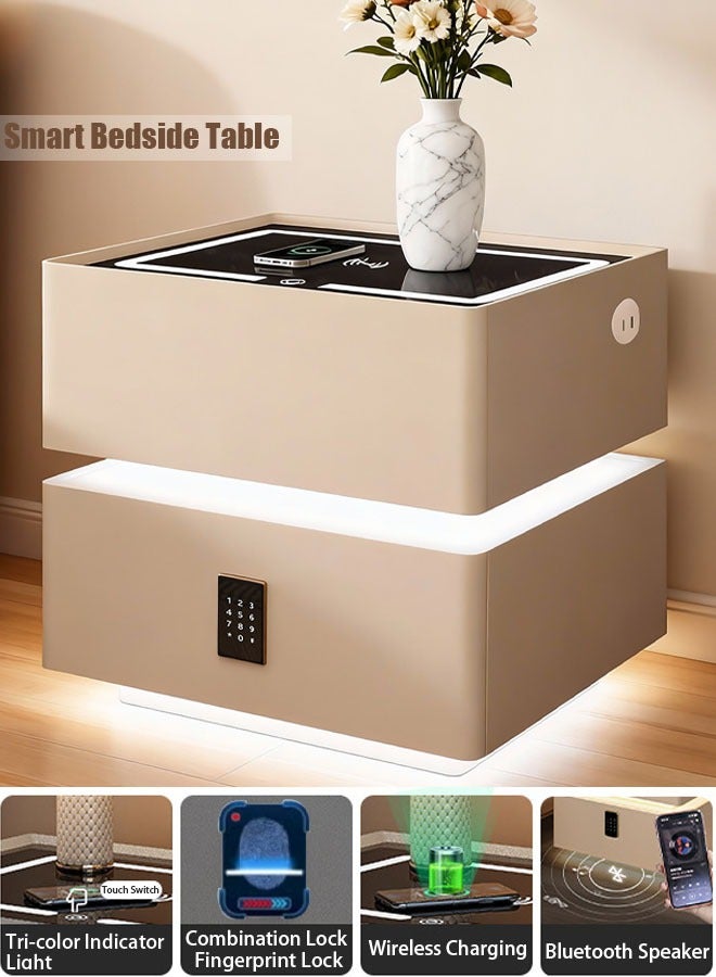 VUCATIN Nightstand with Smart Charging 2-Tier Storage End Table Side Table Wooden Nightstand with Sensor Light Sensor Light Bluetooth Speaker Fingerprint Lock and Tri-Color Light for Bedroom Living Room Lobby - Image 1