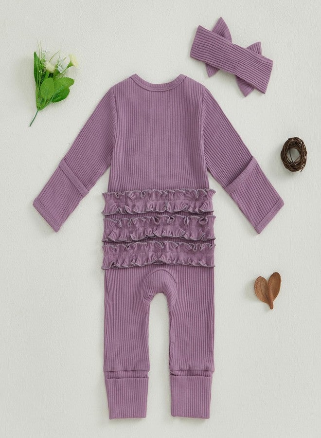 Socutebabe Baby Girl Winter Clothes Newborn Little Sister Going Coming Home Outfit Ruffle Mitten Romper Cute Ribbed Jumpsuit (Ribbed Little SIS Purple, Newborn) - Image 3