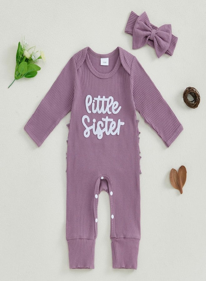 Socutebabe Baby Girl Winter Clothes Newborn Little Sister Going Coming Home Outfit Ruffle Mitten Romper Cute Ribbed Jumpsuit (Ribbed Little SIS Purple, Newborn) - Image 2
