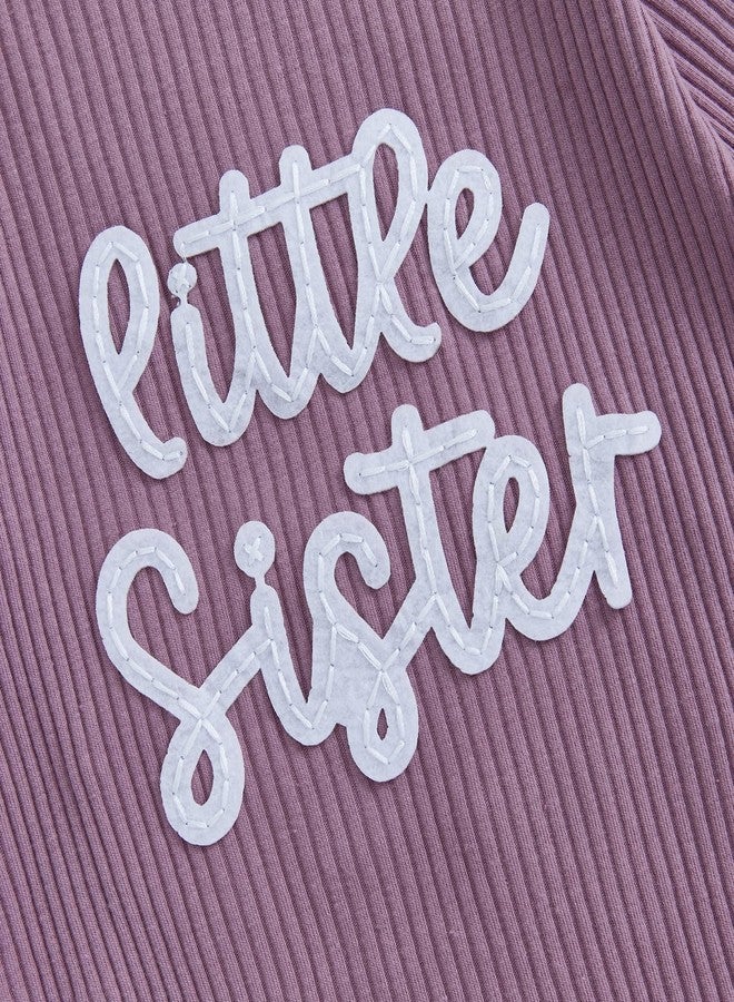 Socutebabe Baby Girl Winter Clothes Newborn Little Sister Going Coming Home Outfit Ruffle Mitten Romper Cute Ribbed Jumpsuit (Ribbed Little SIS Purple, Newborn) - Image 5