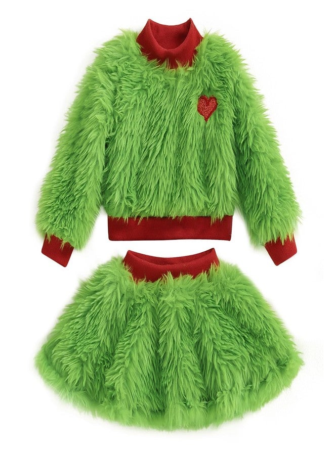 Amnnchya Toddler Baby Girl Christmas Outfit Green Furry Sweatshirt Tops Skirts Set Infant Fall Winter Christmas Clothes (Green, 4-5T) - Image 1