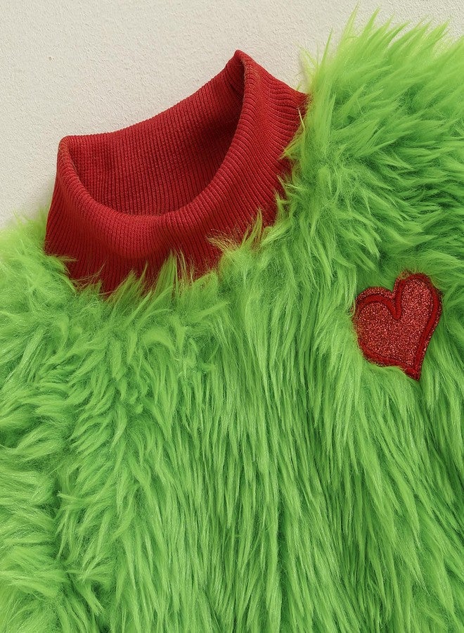 Amnnchya Toddler Baby Girl Christmas Outfit Green Furry Sweatshirt Tops Skirts Set Infant Fall Winter Christmas Clothes (Green, 4-5T) - Image 5