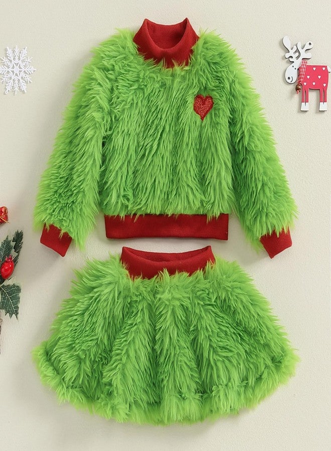 Amnnchya Toddler Baby Girl Christmas Outfit Green Furry Sweatshirt Tops Skirts Set Infant Fall Winter Christmas Clothes (Green, 4-5T) - Image 2