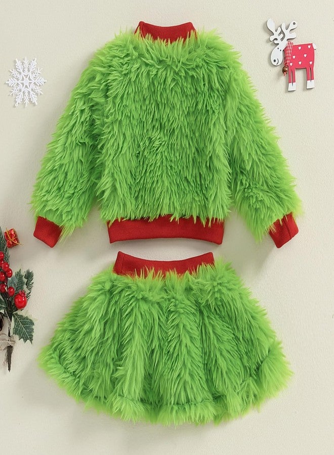 Amnnchya Toddler Baby Girl Christmas Outfit Green Furry Sweatshirt Tops Skirts Set Infant Fall Winter Christmas Clothes (Green, 4-5T) - Image 4