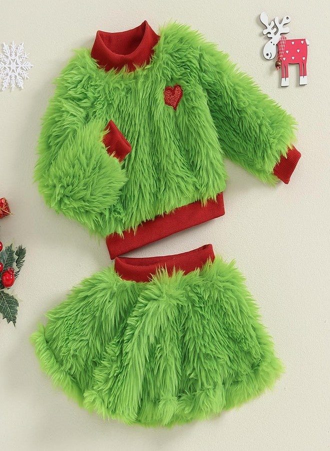 Amnnchya Toddler Baby Girl Christmas Outfit Green Furry Sweatshirt Tops Skirts Set Infant Fall Winter Christmas Clothes (Green, 4-5T) - Image 3