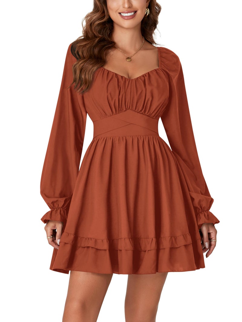 KIFOVEN Women's Lantern Long Sleeve Smocked Wrap Tiered Ruffle Flowy A Line Short Mini Dress Caramel X-Large - Image 2