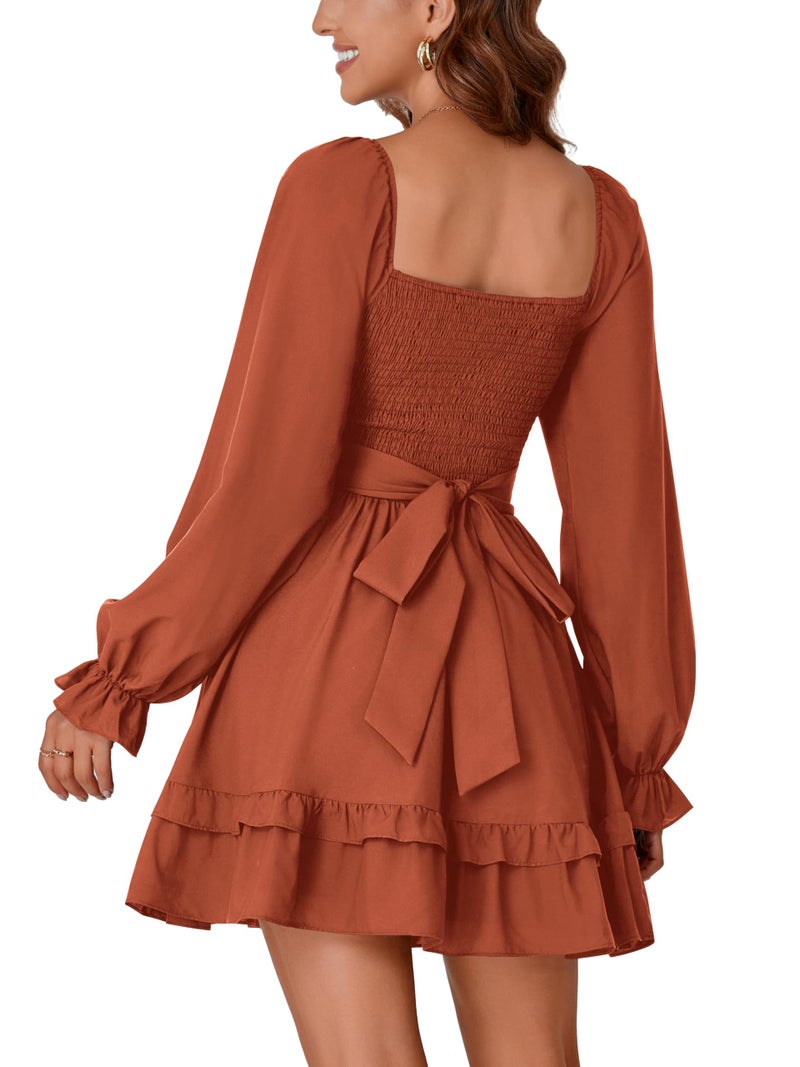 KIFOVEN Women's Lantern Long Sleeve Smocked Wrap Tiered Ruffle Flowy A Line Short Mini Dress Caramel X-Large - Image 5