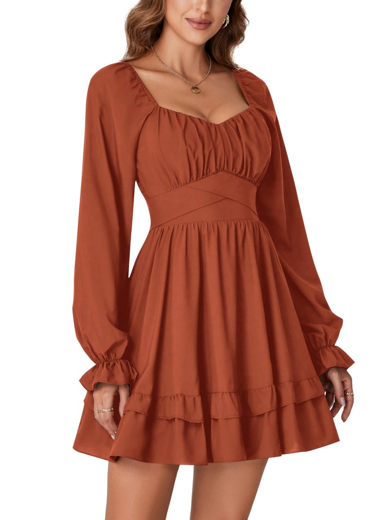 KIFOVEN Women's Lantern Long Sleeve Smocked Wrap Tiered Ruffle Flowy A Line Short Mini Dress Caramel X-Large - Image 4