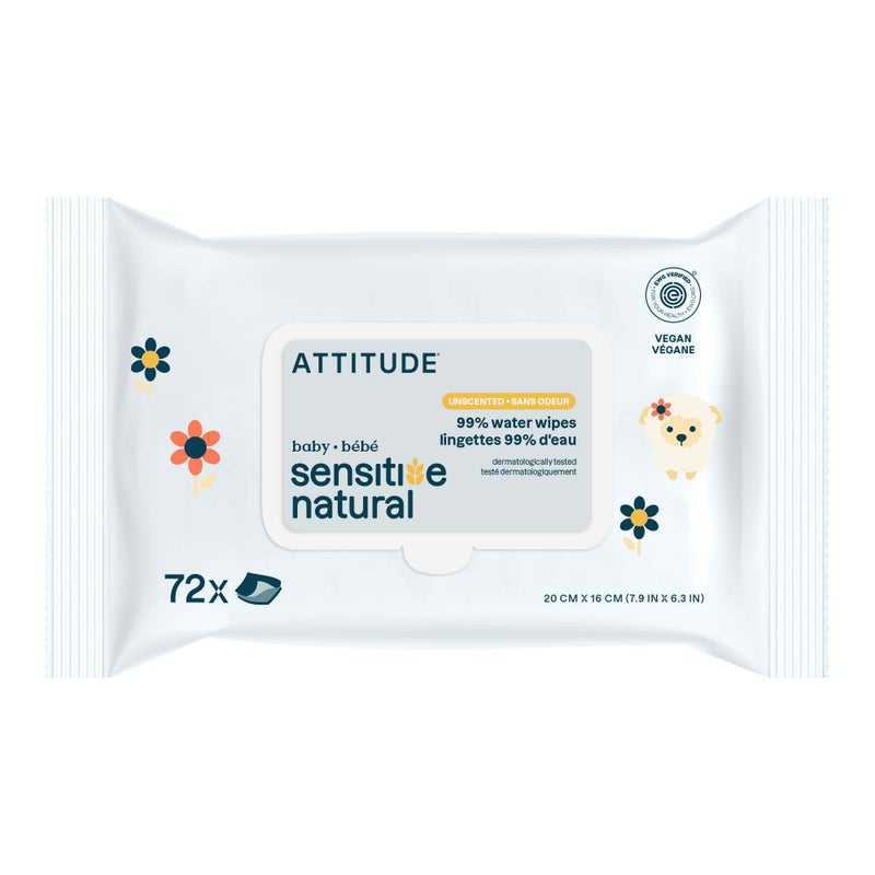 ATTITUDE Baby Wipes Unscented, For Sensitive Skin with Oat, Natural Origin, Dermatollogically Testedâ€‹, For Babies, Toddlers & Kids, Chamomile Extract, EWG Verifiedâ€‹, 72 Count - Image 1