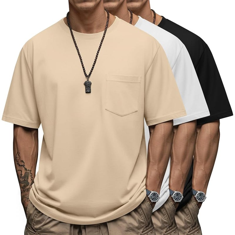 Ficerd 3 Pack Men's Big and Tall T-Shirt, Short Sleeve Pocket Basic Tee Crew Neck Lightweight Tops Solid Loose Fit Shirts - Image 1