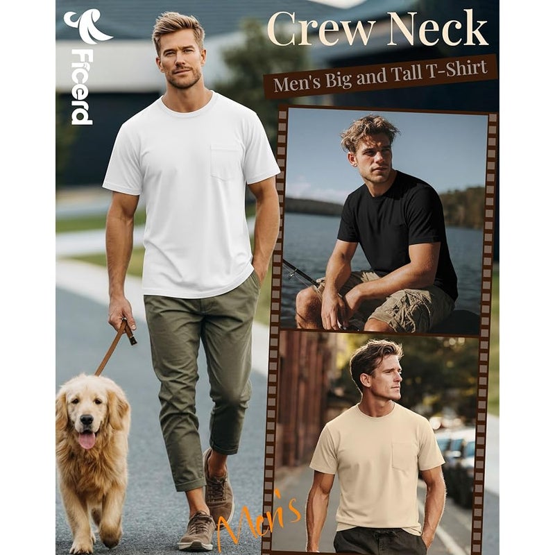 Ficerd 3 Pack Men's Big and Tall T-Shirt, Short Sleeve Pocket Basic Tee Crew Neck Lightweight Tops Solid Loose Fit Shirts - Image 3