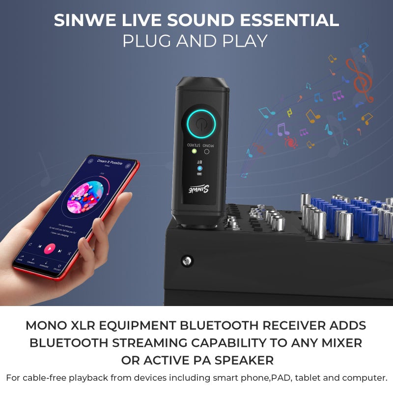 SINWE جهاز استقبال SINWE P16 اللاسلكي بلوتوث 5.3 XLR - 24 بت/48 كيلوهرتز مدى 160 قدم وبطارية 15 ساعة، محول بلوتوث لمكبرات الصوت، خلط الصوت، أنظمة PA، أنظمة DJ (قابل للشحن عبر USB-C) - Image 3