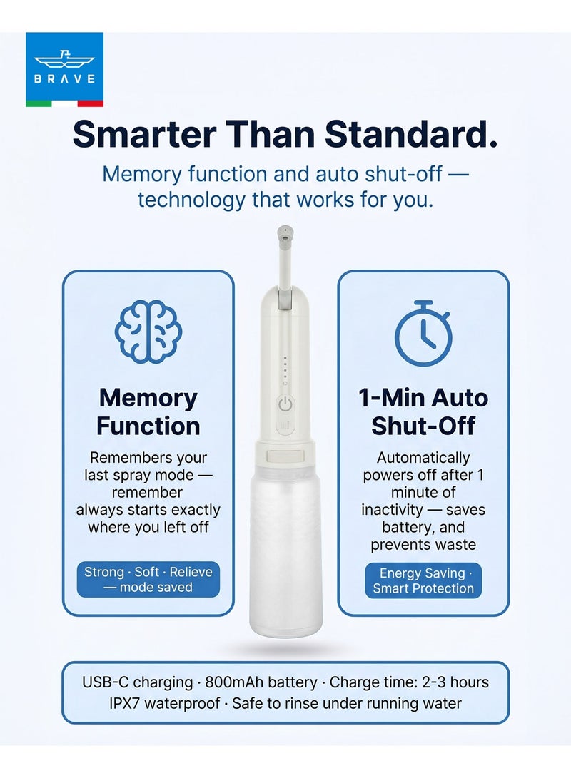 بريف شطاف محمول كهربائي 320 مل المسافر، منظف للنظافة الشخصية قابل للشحن USB-C، 3 مستويات ضغط مياه مع رش عالي الضغط، فوهة قابلة للدوران 180 درجة، مقاوم للماء IPX7، خزان مانع للتسرب، شطاف محمول للسفر والتخييم والمنزل والحمامات العامة - أبيض - Image 5