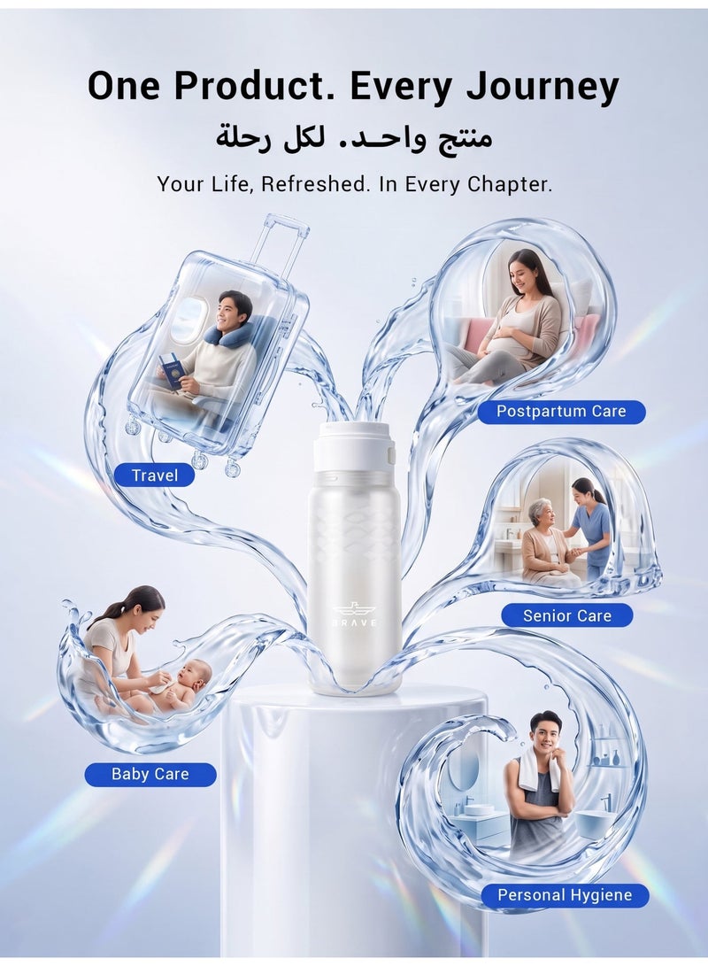 Brave Electric Portable Bidet 320ml Almusafir Travel Shattaf, USB-C Rechargeable Personal Hygiene Cleaner, 3 Pressure Modes High Pressure Spray, 180° Adjustable Nozzle, IPX7 Waterproof, Leak-Proof Portable Bidet Bottle for Travel, Camping, Home & Public Restrooms, White - Image 4