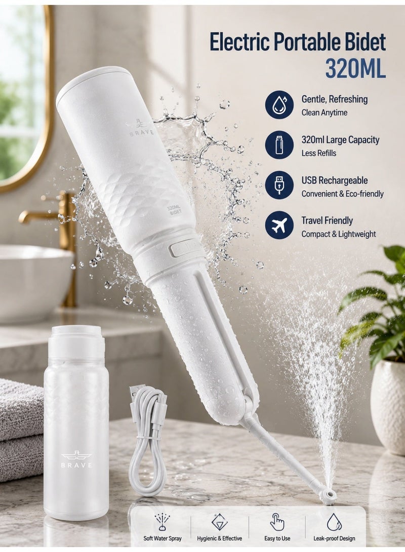 Brave Electric Portable Bidet 320ml Almusafir Travel Shattaf, USB-C Rechargeable Personal Hygiene Cleaner, 3 Pressure Modes High Pressure Spray, 180° Adjustable Nozzle, IPX7 Waterproof, Leak-Proof Portable Bidet Bottle for Travel, Camping, Home & Public Restrooms, White - Image 1