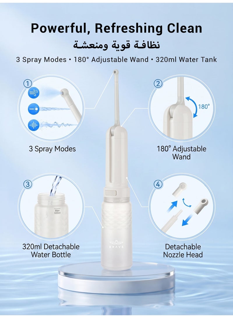 Brave Electric Portable Bidet 320ml Almusafir Travel Shattaf, USB-C Rechargeable Personal Hygiene Cleaner, 3 Pressure Modes High Pressure Spray, 180° Adjustable Nozzle, IPX7 Waterproof, Leak-Proof Portable Bidet Bottle for Travel, Camping, Home & Public Restrooms, White - Image 2