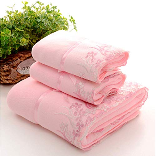USTIDE 3 Pieces Pink Lace Bath Towels Set, Velvet Bath Towel Hand Towels Set (1 Bath Towel+2 Hand Towels) - Image 1