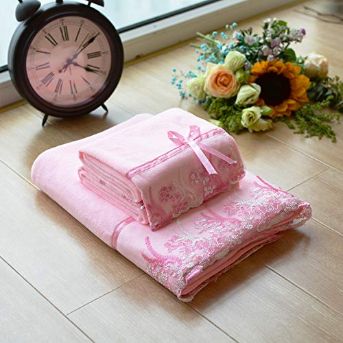 USTIDE 3 Pieces Pink Lace Bath Towels Set, Velvet Bath Towel Hand Towels Set (1 Bath Towel+2 Hand Towels) - Image 2