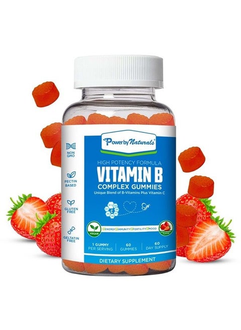 Vitamin B Complex Gummies - Boosted with B12, B7, B6, Niacin, B5, B8, and Folate with VIT C - Plant-Based B Complex Vitamins for Women & Men - 60 Count