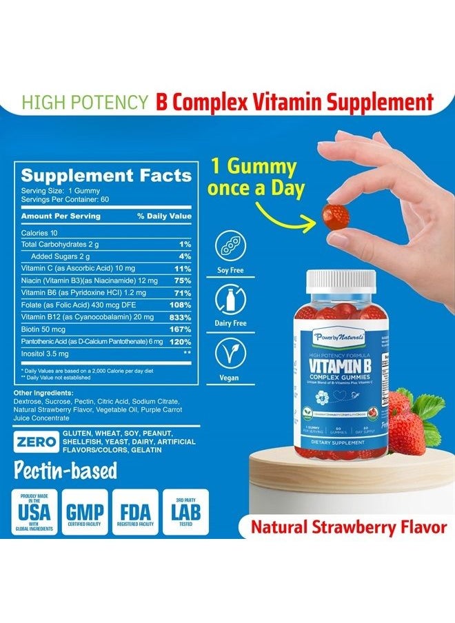 Power By Naturals - Vitamin B Complex Gummies - Boosted with B12, B7, B6, Niacin, B5, B8, and Folate with VIT C - Plant-Based B Complex Vitamins for Women & Men - 60 Count - Image 1