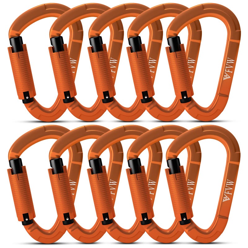 FVW 10 Pieces Heavy Duty Climbing Carabiners 25KN UIAA Certified Auto Locking Rock Climbing Carabiners Clips for Hammocks Swing Locking Dog Leash and Harness Camping Hiking Utility Orange - Image 2