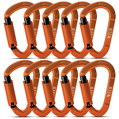 FVW 10 Pieces Heavy Duty Climbing Carabiners 25KN UIAA Certified Auto Locking Rock Climbing Carabiners Clips for Hammocks Swing Locking Dog Leash and Harness Camping Hiking Utility Orange - Image 1