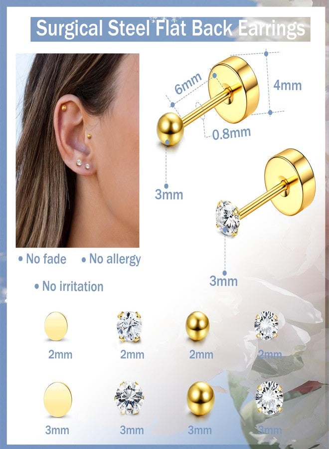THUNARAZ 16 Pairs Tiny Cartilage Stud Earrings for Women Men Surgical Steel Flat Back Cartilage Earrings Hypoallergenic Cubic Zirconia Ball Studs Earrings 2mm 3mm Tragus Helix Piercing Gold Tone - Image 3