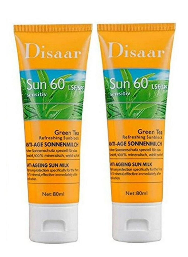 Disaar Pack Of 2 Disaar Green Tea Refreshing Sunblock anti aging sun cream SPF 60 PA++Face Care 80ml x 2 - Image 1