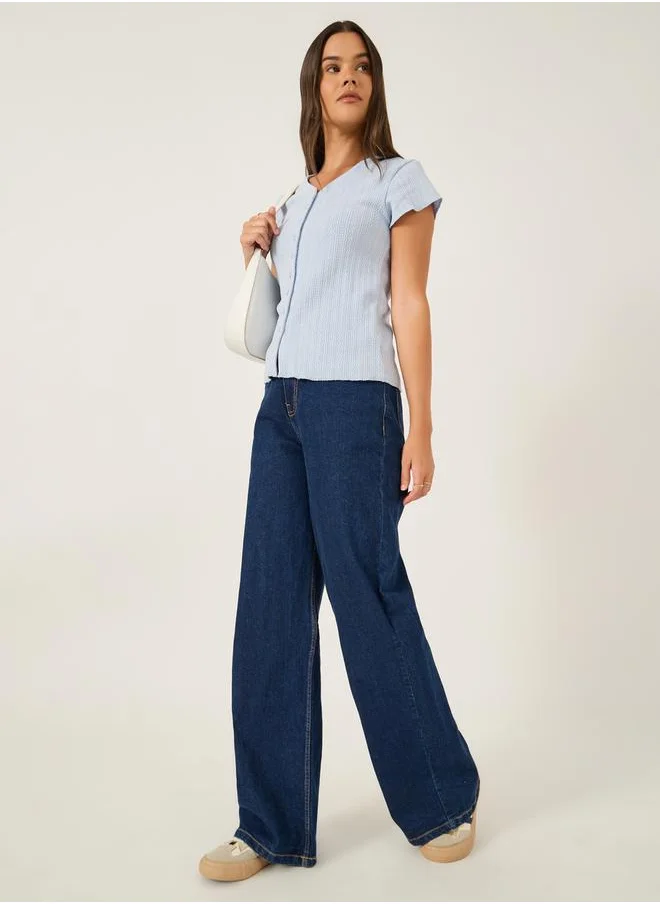 Styli Textured Extended Sleeves Buttoned Fitted T-Shirt