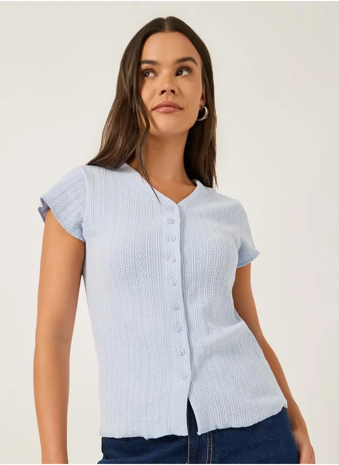 Styli Textured Extended Sleeves Buttoned Fitted T-Shirt