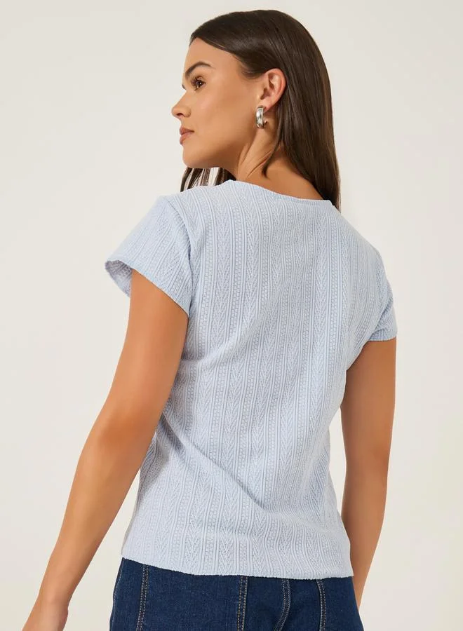 Styli Textured Extended Sleeves Buttoned Fitted T-Shirt