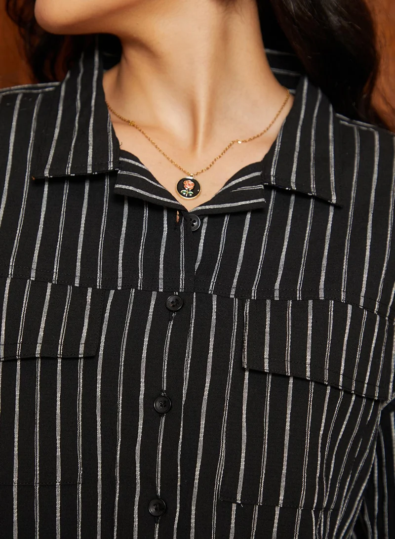كامبوس سوترا Women's Midnight Black Striped Utility Oversized Shirt