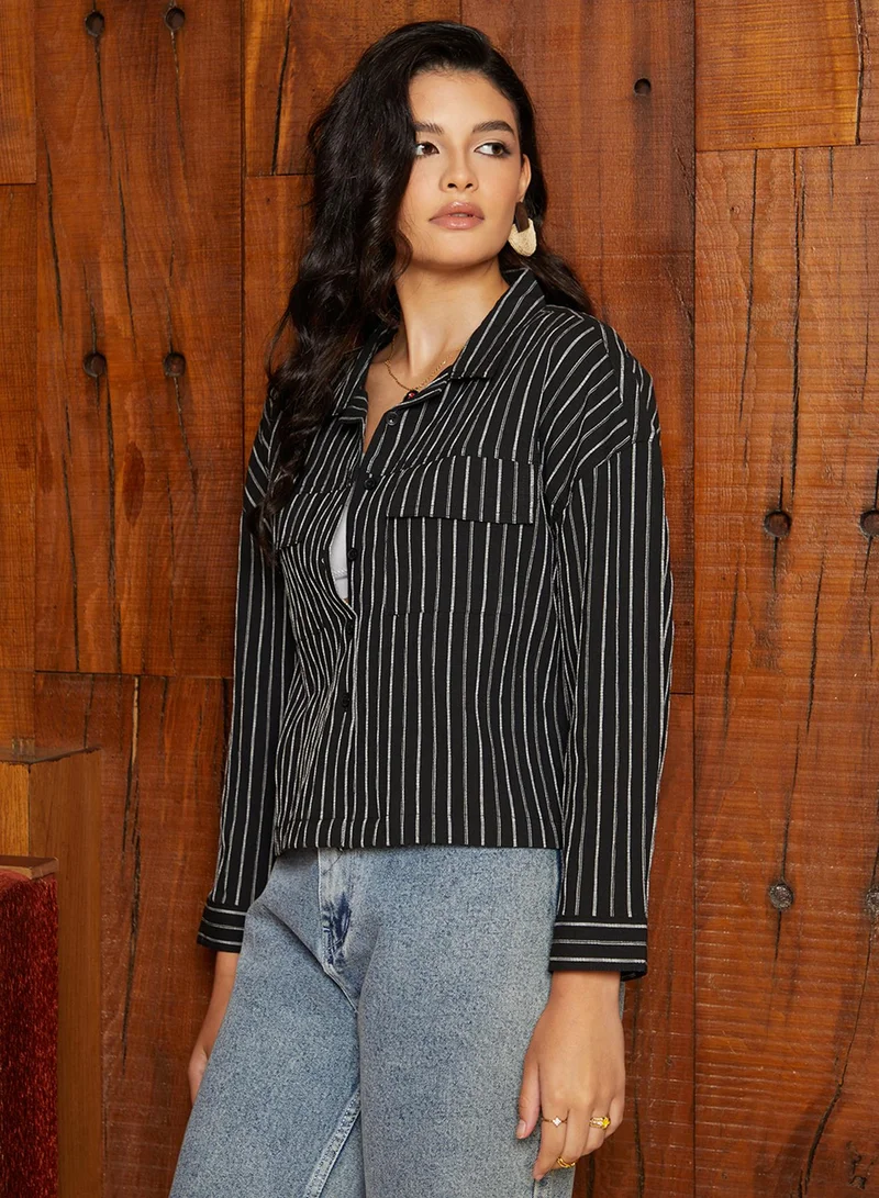 كامبوس سوترا Women's Midnight Black Striped Utility Oversized Shirt