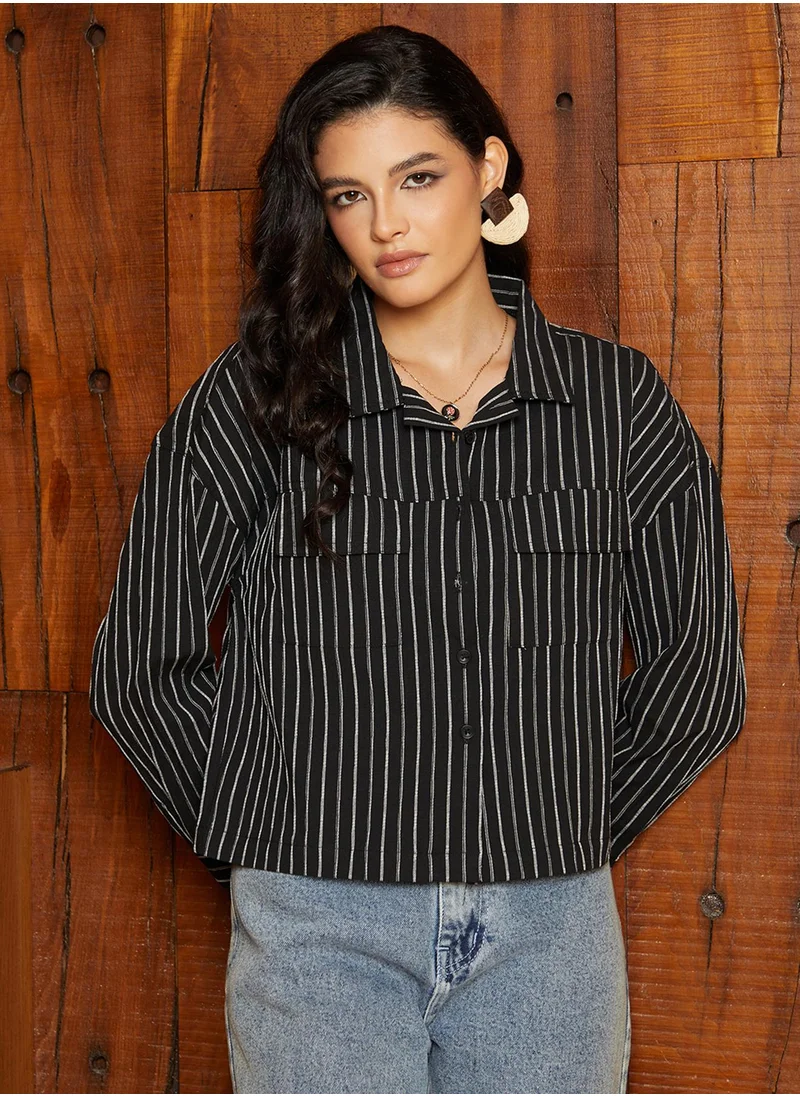 Campus Sutra Women's Midnight Black Striped Utility Oversized Shirt