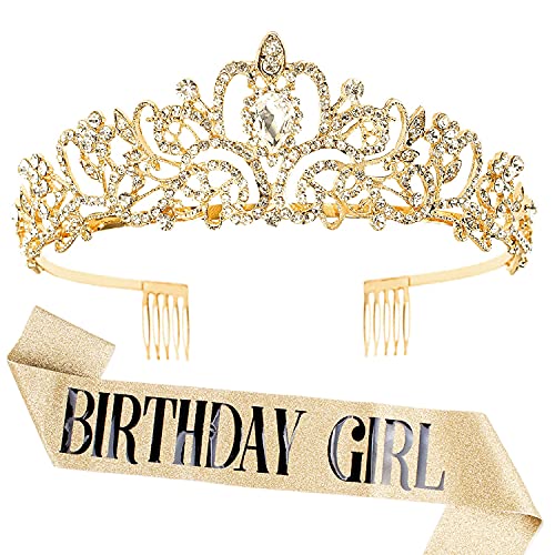 Aprince Birthday Crown Sash Set Rhinestone Tiaras and Crowns for Women Girls Gold Tiara Sash for Birthday Prom Photoshoot - Image 1