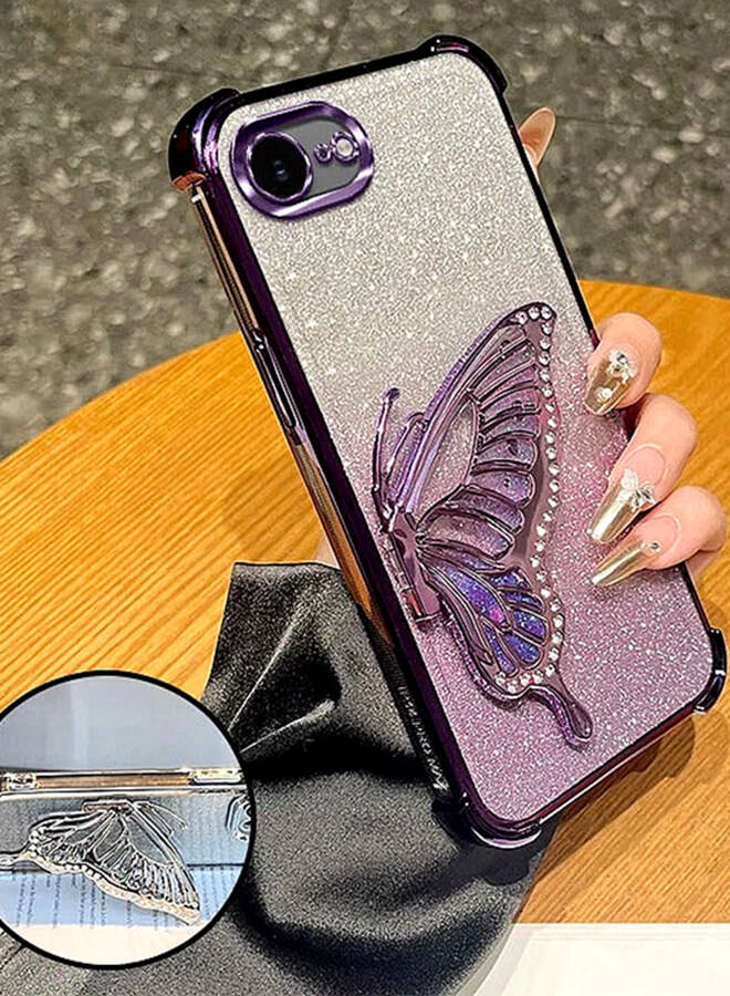 Glitter Case for iPhone 16e，Camera Lens Protector，Sparkly Butterfly Kickstand， Luxury Gradient Shockproof iPhone 16 e Cover for Women Girls Gift，Purple - Image 2