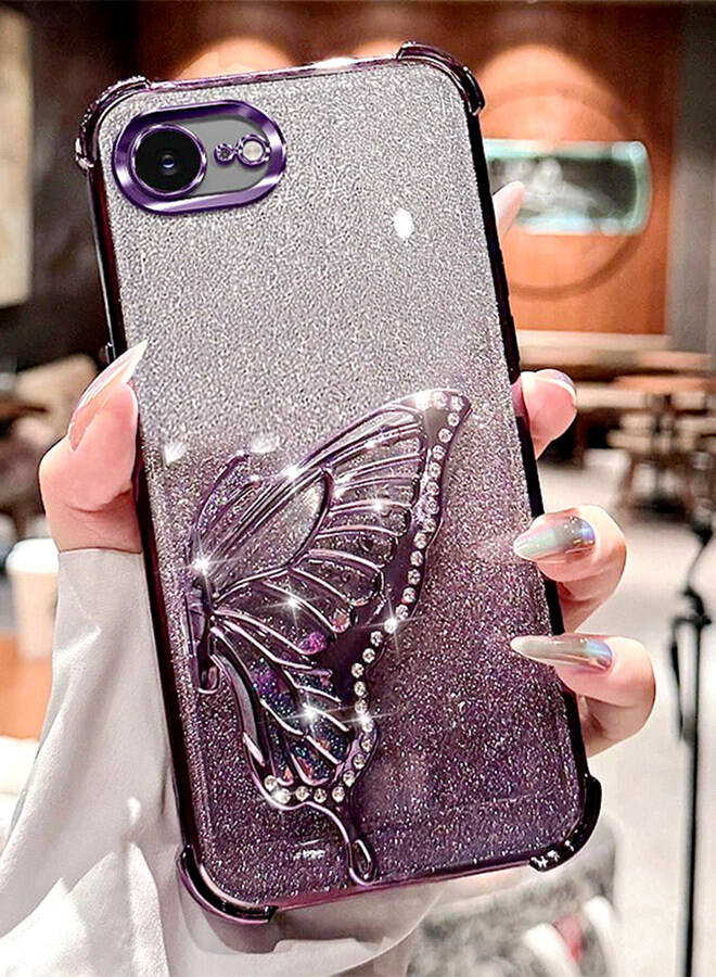 Glitter Case for iPhone 16e，Camera Lens Protector，Sparkly Butterfly Kickstand， Luxury Gradient Shockproof iPhone 16 e Cover for Women Girls Gift，Purple - Image 1