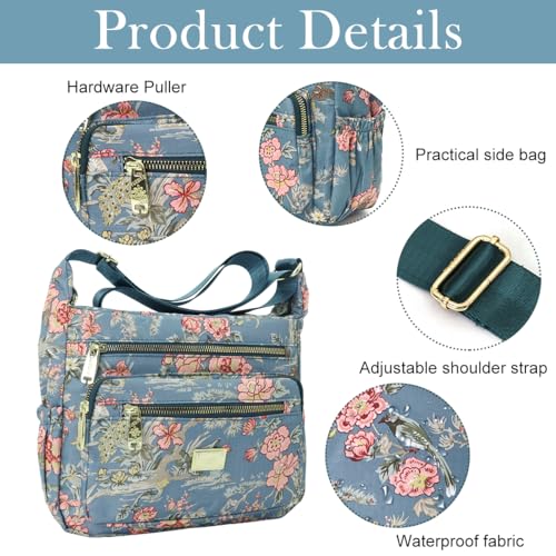 PALAY® Crossbody Bag for Women Nylon Shoulder Bag Floral Multi-Pocket Purse - Image 3