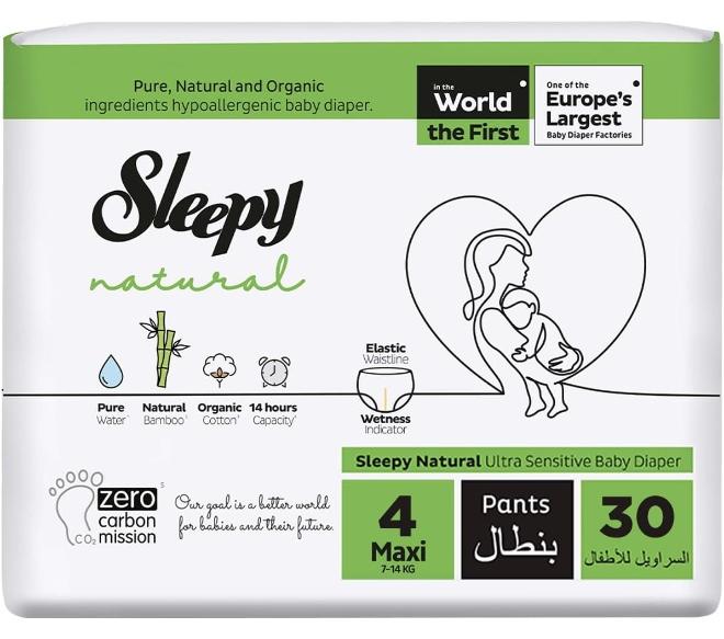 Sleepy حفاضات طبيعية للأطفال مقاس 4، 30 قطعة، راحة قصوى، امتصاص فائق، صديقة للبيئة، مضادة للحساسية - Image 1
