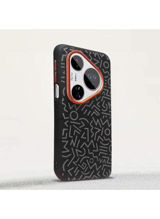 general Suitable for Huawei Pura80Ultra/Pura80Pro mobile phone case plain leather geometric graffiti metal lens mobile phone protective cover - Image 2