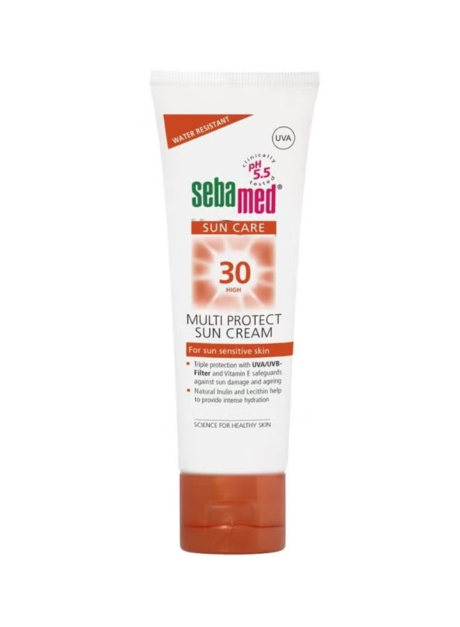 Sebamed Sun Care Multi Protect Sun Cream SPF 30 is designed for sun-sensitive skin. It features a triple protection system with UVA/UVB filters and Vitamin E to safeguard against sun 75ml