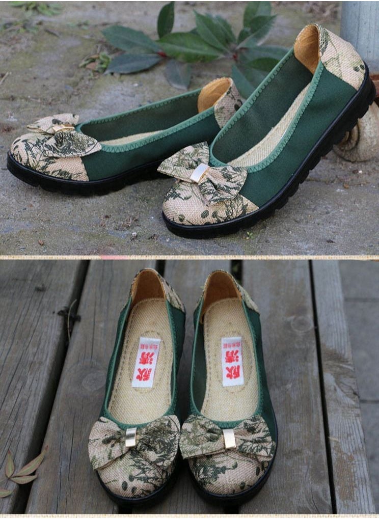 Loquat Women Linen Cotton Bow Tie Boat Shoes Green  - Image 3