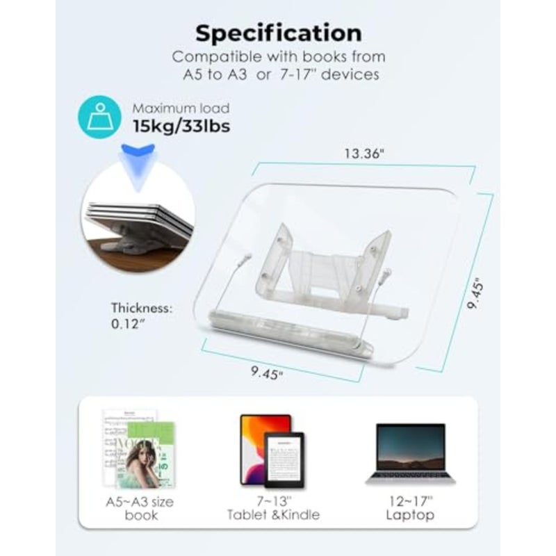 Acrylic Book Stand, Portable Book Holder for Desk, for Reading, Cookbook Holder, 13 Levels Angle Adjustable, Foldable, Lightweight and Portable, for Office, School Textbook, Recipe, Tablet, Laptop - Image 4
