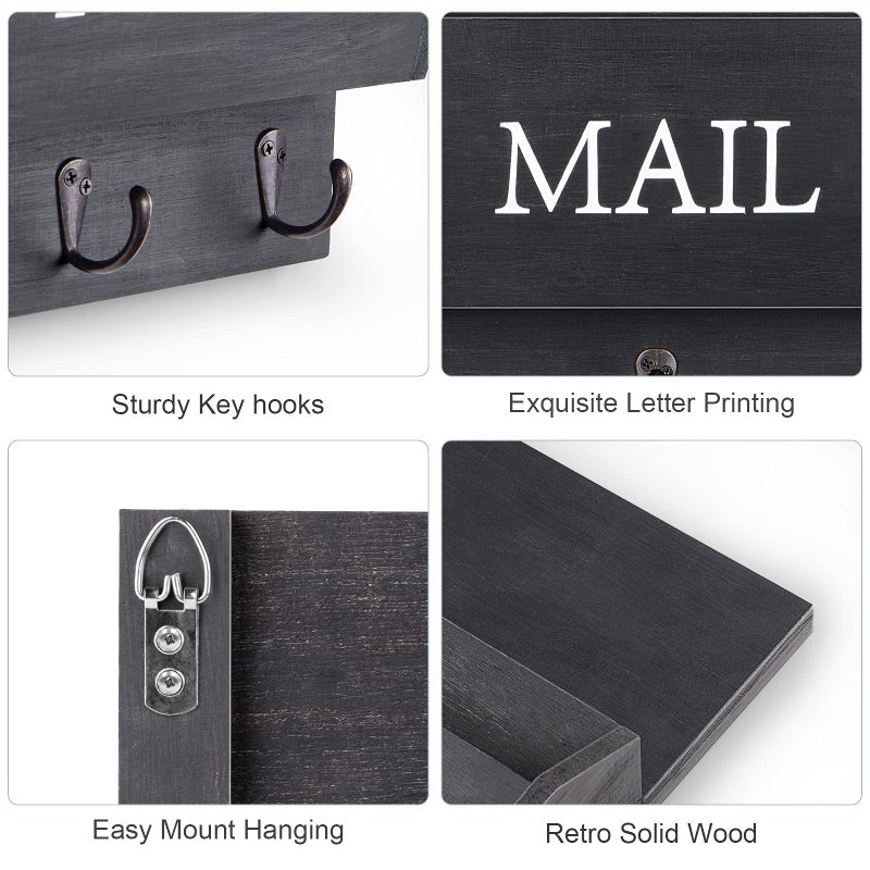 DLQuarts Mail Organizer with Key Holder for Wall, Mail Sorter Wall Mounted, Decorative Wooden Key and Mail Holder with 3 Hooks, Black - Image 4