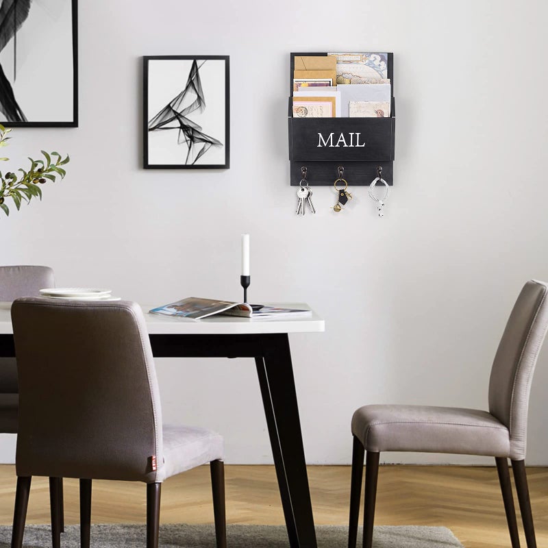 DLQuarts Mail Organizer with Key Holder for Wall, Mail Sorter Wall Mounted, Decorative Wooden Key and Mail Holder with 3 Hooks, Black - Image 3