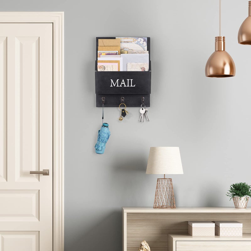 DLQuarts Mail Organizer with Key Holder for Wall, Mail Sorter Wall Mounted, Decorative Wooden Key and Mail Holder with 3 Hooks, Black - Image 2