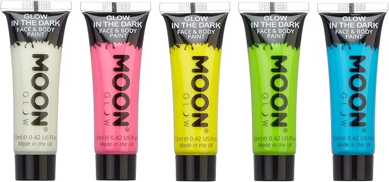 Moon Glow 12ml Glow in the Dark Face Body Paint Set of 5 Phosphorescent Charge to Glow